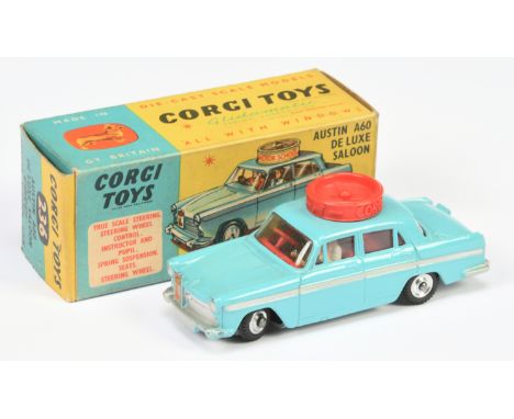 Corgi Toys 236 Austin A60 "motor School" Car - Light blue body, red interior and roof turning disc, silver trim and side flas