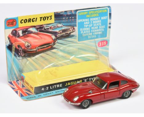 Corgi Toys 335 Jaguar Type E Sports Car - Red body, black interior, wire wheels - Good Plus bright example in a Good&nbsp; bl