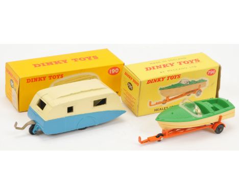 Dinky Toys A pair - (1) 190 Caravan - Two-Tone blue and cream, light beige rigid hubs, black jockey wheel and (2) 796 Healey 