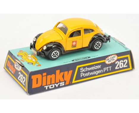 Dinky Toys 262 Volkswagen saloon (Beetle)&nbsp; "PTT" - Yellow and black body, grey interior, speedwheels - Good Plus bright 