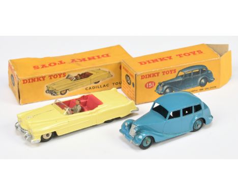 Dinky Toys A Pair - (1) 131 Cadillac Tourer - Yellow body, cerise interior, light beige rigid hubs and (2) 151 Triumph 1800 S