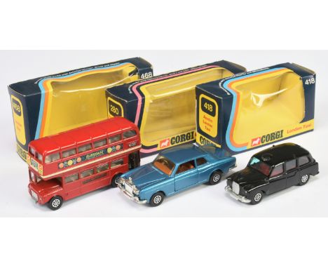 Corgi Toys Group Of 3 To Include - (1) 280 Rolls Royce Silver Shadow - Blue, (2) 418 Austin London "Taxi" - Black and (3) 468