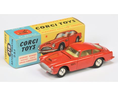 Corgi Toys 218 Aston Martin DB4 - Red body, lemon interior, silver trim, spun hubs - Good to Good Plus in a Good Plus&nbsp; b