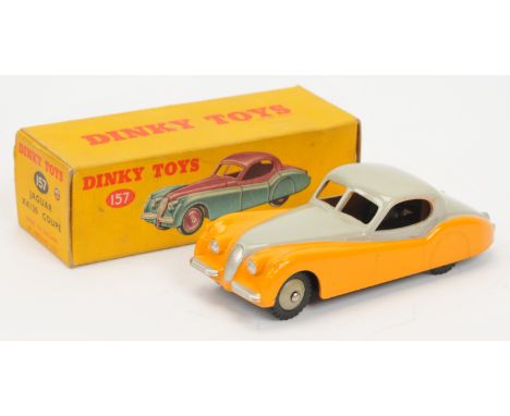 Dinky Toys 157 Jaguar Xk 120 Sports - Two-Tone Yellow and grey including rigid hubs, silver trim - Good Plus lovely bright ex