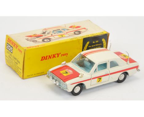 Dinky Toys 205 Lotus Cortina Rally Car - White body, red bonnet and boot, pale blue interior, cast hubs - Good to Good Plus i