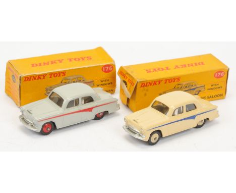 Dinky Toys 176 Austin A105 Saloon A Pair - (1) Cream body, blue side flashes, light beige rigid hubs, silver trim and (2) Gre