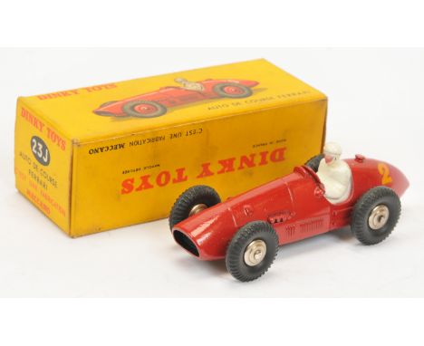 French Dinky Toys 23J Ferrari Racing Car - Red body, silver trim, yellow racing No.2, figure driver and Chrome convex hubs - 