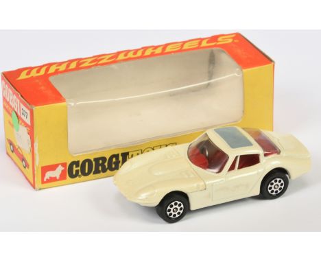 Corgi Toys 377 Marcos 3 Litre - Pearlescent white body, light grey roof panel, red interior, Whizzwheels - Good Plus lovely b