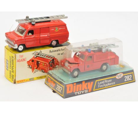 Dinky Toys A Pair - (1) 282 Land Rover "Fire Service" - Red, blue roof lights and cast hubs - Good to Good Plus in a Good Plu