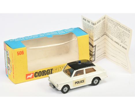 Corgi Toys 506 Sunbeam Imp "Police" - White body, black roof with blue light, brown inter, cast hubs - Good Plus to Excellent