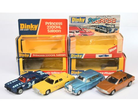 Dinky Toys&nbsp; A group Of 4 - (1) 123 Princess 2200HL Saloon, (2) 124 Rolls Royce Phantom V - Blue, cast hubs, (3) 201 Plym