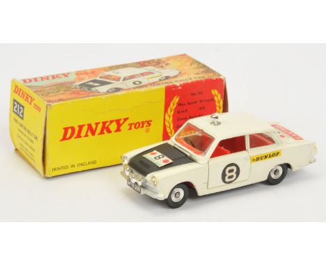 Dinky Toys 212 Ford Cortina Rally Car - Off white body, black bonnet, red interior, chrome trim and roof spot-light, spun hub