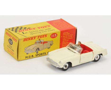 Dinky Toys 113 MGB Sports car - Off white body, red interior with figure driver, silver trim and spun hubs - Good Plus includ