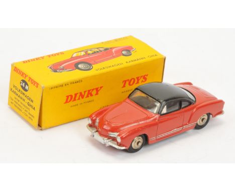 French Dinky 24M Volkswagen Karmann Ghia - Red body, black roof, silver trim, chrome convex hubs - Good Plus including yellow