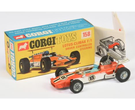 Corgi Toys&nbsp; 158 Lotus-Climax Racing Car - Two-Tone Orange and white, figure driver, cast hubs and racing No.8 - Good Plu