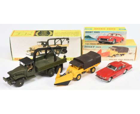 French Dinky Toys Group Of 3 - (1) 567 Mercedes Unimog with front plough - Yellow and brown, (2) 808 Military GMC Crane Truck