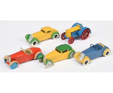 Dinky Toys (Copy Models)&nbsp; Unboxed Group Of 5 To Include - 22 Series Tractor - Yellow and Blue, Open Sports Car - Red and