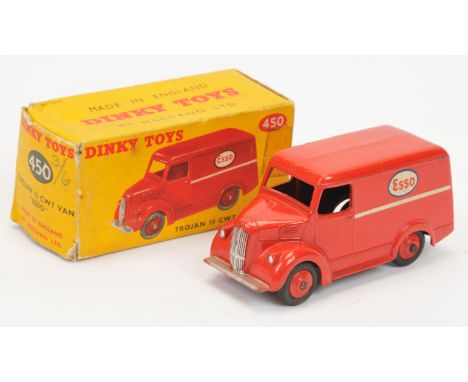 Dinky Toys 450 Trojan Van "Esso" - Red including rigid hubs, white, silver trim - Good in a Fair yellow and red carded pictur