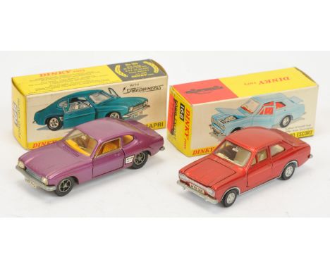 Dinky Toys A Pair - (1) 165 Ford Capri - Purple Body, yellow interior, chrome trim and cast hubs, (2) Ford Escort Mark I - Me