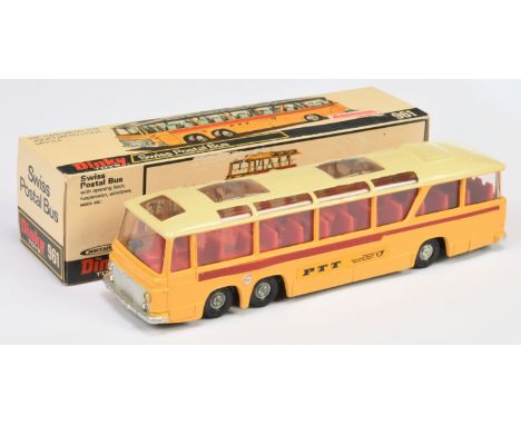 Dinky Toys 961 Swiss Postal Bus "PTT" - yellow body with cream roof, silver trim, red interior, cast hubs - Good Plus lovely 