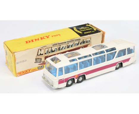 Dinky Toys 954 Vega Major Luxury Coach - White body, black base, Mid-blue interior, cast hubs - Good Plus in a Fair carded pi