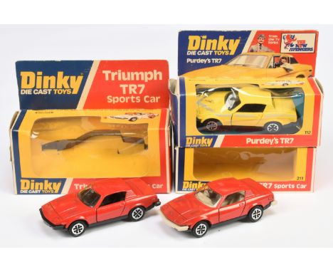 Dinky Toys Triumph TR7 Sports Car A group Of 3 - (1) 112 "The Avengers" - yellow, black interior, speedwheels, (2) 211 Red bo