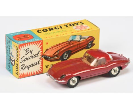 Corgi Toys 307 Jaguar Type E Sports Car - Plum body and detachable hood, silver trim, spun hubs - Good still a bright example