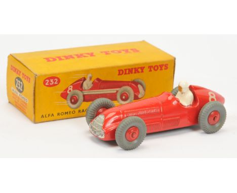 Dinky Toys 232 Alfa Romeo Racing Car - Red body and rigid hubs with grey tyres, silver trim (thick on sides)&nbsp; white raci