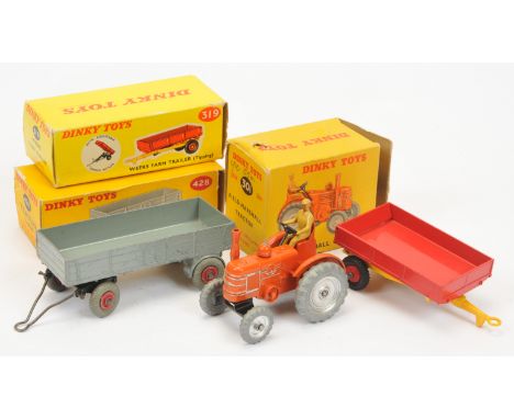 Dinky Toys Group Of 3 - (1) 301 (27N) Field Marshall Tractor - Burnt orange, metal wheels, (2) 319 Weeks Trailer - Yellow and