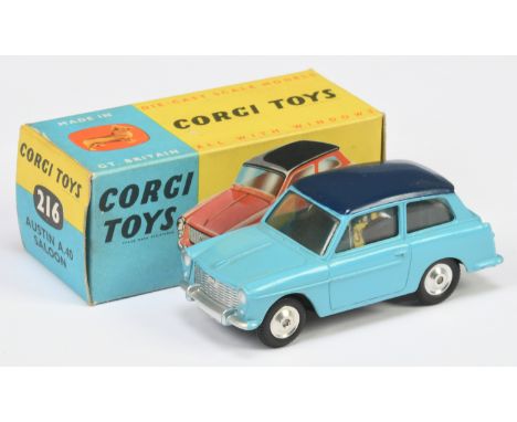 Corgi Toys 216 Austin A40 Saloon - Light blue body, dark blue roof, silver trim ans spun hubs - Good Plus bright example incl