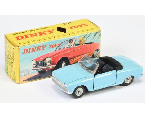 French Dinky Toys 511 Peugeot 204 Cabriolet - Light blue body, dark blue seats with black tonneau, silver trim and concave hu