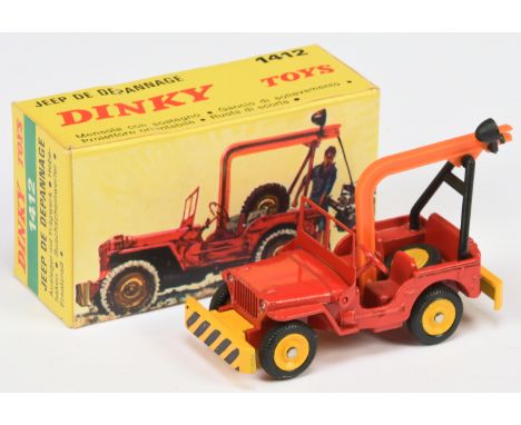 French Dinky Toys&nbsp; 1412 Jeep De Depannage - Red, yellow, orange plastic jib - Good Plus still a lovely bright example (m