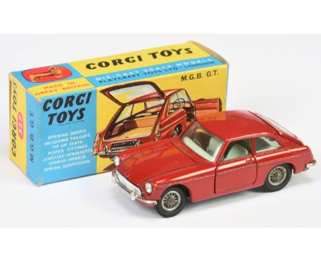 Corgi Toys 327 MGB GT - Red body, pale blue interior, chrome trim and wire wheels - Good (without luggage case) in a Good Plu