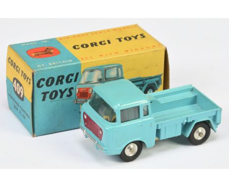 Corgi Toys 409 Jeep FC-150 - Light blue, red grille, silver trim, spun hubs and tow hook - Good including blue and yellow car