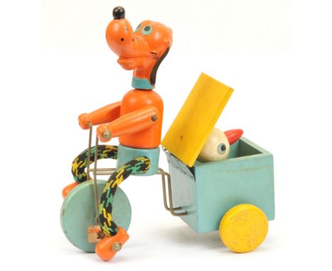 French Made Wooden "Disney" - Pluto Tricycle - Light blue, orange, yellow with cloth legs with pop-up box See-Photo - overall