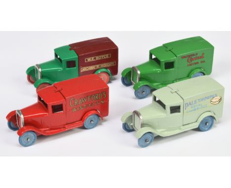 Dinky Toys (Copy Models)&nbsp; Unboxed Group Of 4 28 Series Delivery Vans - (1) "Palethropes" - Pale green, (2) "Crawfords" -