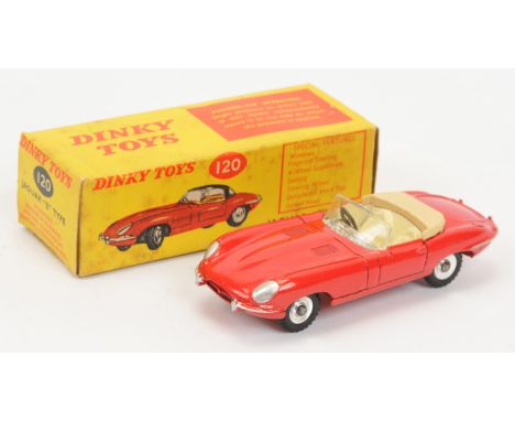 Dinky Toys 120 Jaguar Type E - Red body, cream interior and tonneau, silver trim, spun hubs (without detectable hood) - Excel