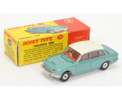 Dinky Toys 135 Triumph 2000 Saloon - Metallic Aqua, off white roof, red interior, silver trim, spun hubs and with luggage cas