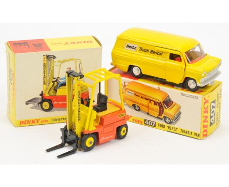 Dinky Toys A Pair - (1) Conveyancer Fork Lift Truck - yellow, orange and black, (with handle only)&nbsp; (2) 407 Ford Transit