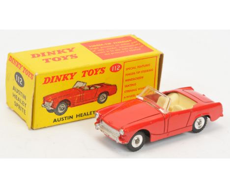 Dinky Toys 112 Austin Healey Sprite - Red body, cream interior, silver trim and spun hubs - Good Plus in a Good yellow and re