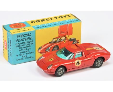 Corgi Toys&nbsp; 314 Ferrari Berlinetta 250 Le Mans - Red body, blue tinted windows, wire wheels and racing No.4 - Good Plus 