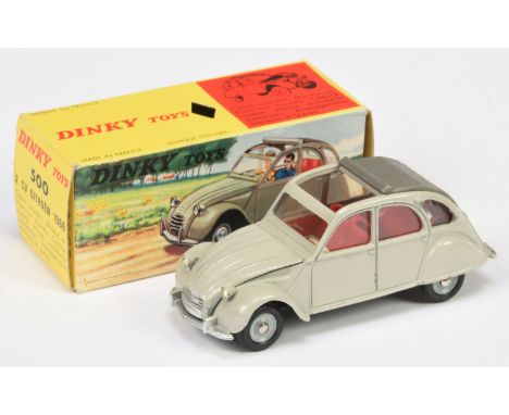 French Dinky Toys 500 Citroen 2CV - light Grey, dark grey grey roof panel, red interior - Good Plus to Excellent lovely brigh