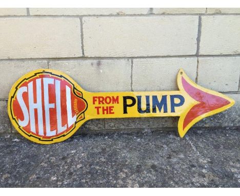 A rare Shell enamel double sided arrow 'From the Pump', with extensive restorations, 36 x 12"