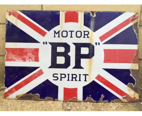 A BP Motor Spirit double sided Union Jack enamel sign, lacking hanging flange, 24 x 16"