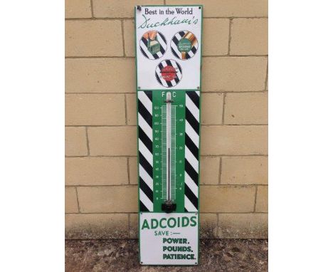 A Duckham's Adcoids enamel thermometer, with good gloss, 11 x 45 1/2".