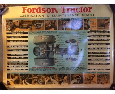 A Fordson Tractor Lubrication and Maintenance chart dated December 1942, a Fordson Commercial Vehicle Rear Axle chart and two