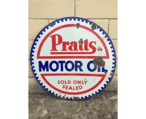 A Pratts Motor Oil 'Sold Only Sealed' circular double sided hanging enamel sign, 26" diameter.