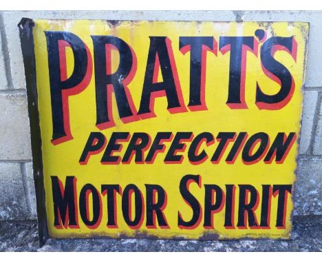 A Pratt's Perfection Motor Spirit double sided enamel sign with hanging flange by Bruton of Palmers Green, 21 x 18".