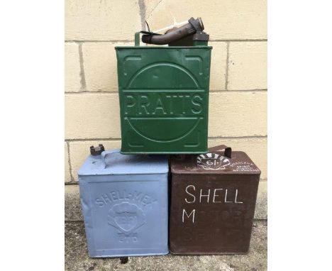 Three 2-gallon petrol cans, Shell Motor Spirit, Shell Mex and BP Limited and Pratts, the latter with a brass pouring nozzle. 