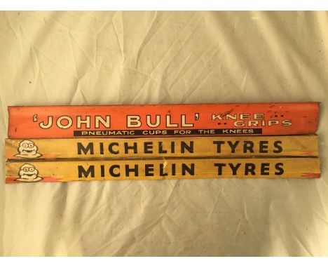 A John Bull knee grips shelf strip and two Michelin Tyres shelf strips. 